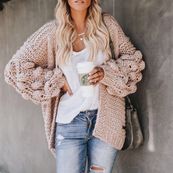 Honeycomb Sleeve Fuzzy Cardigan Knit Sweater Taupe - Picture 5 of 7